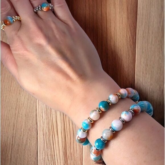 NWT Wool + Pepper Co. Blue Orange Jade Beaded Ring with Silver or Gold - Picture 2 of 5